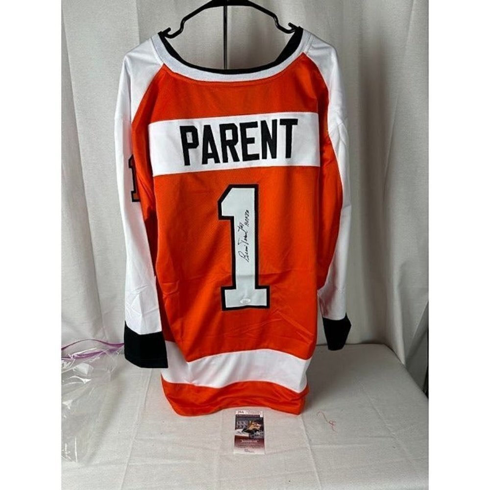 Bernie Parent signed HOF 84 autographed Philadelphia Flyers custom jersey JSA